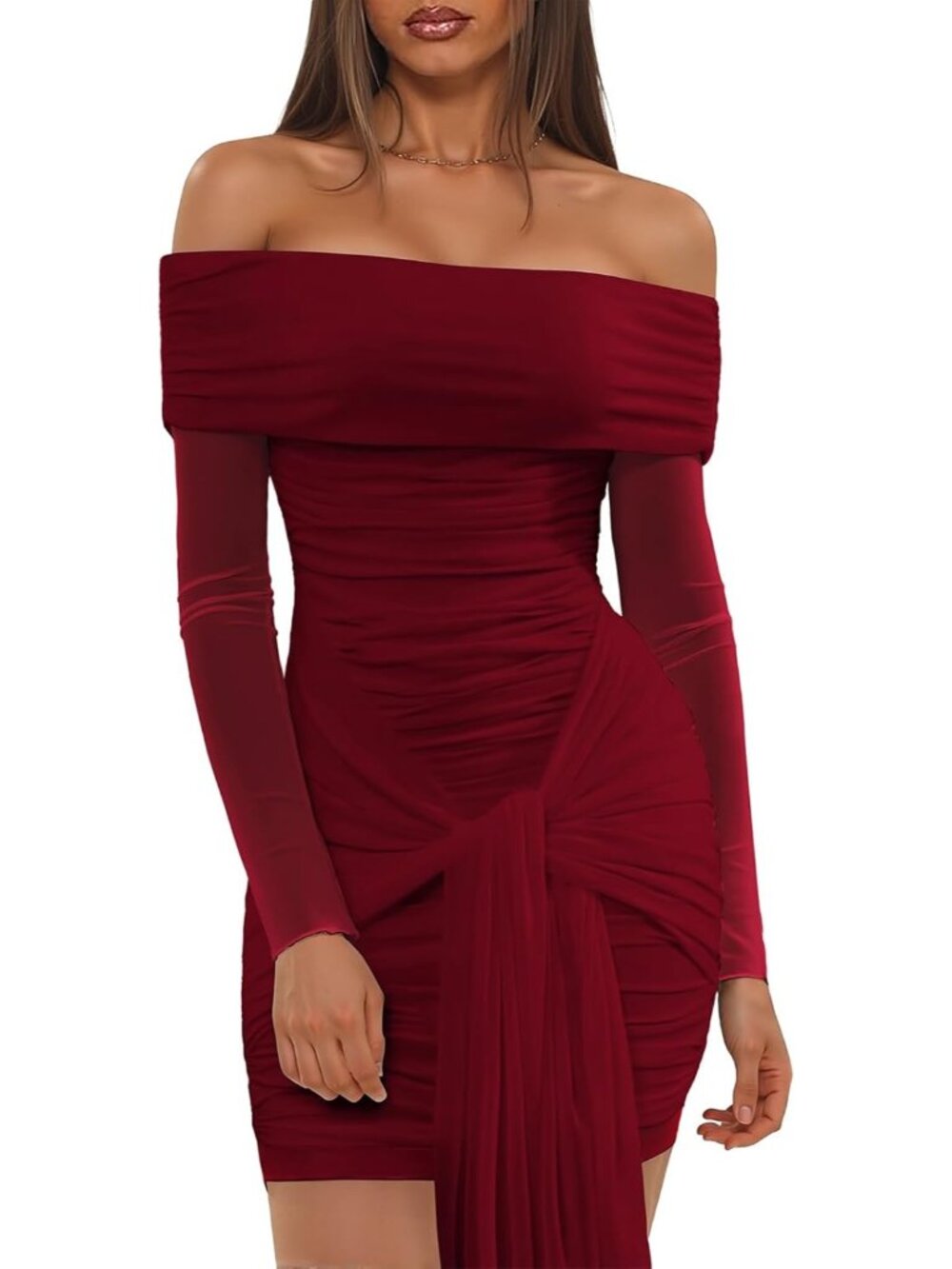 Women's Off The Shoulder Mesh Long Sleeve Burgundy Bodycon Dress Wrap Dress